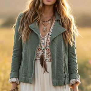 We The Free Sz S Collared Jacket Cotton Linen Wool Blend Moss Green